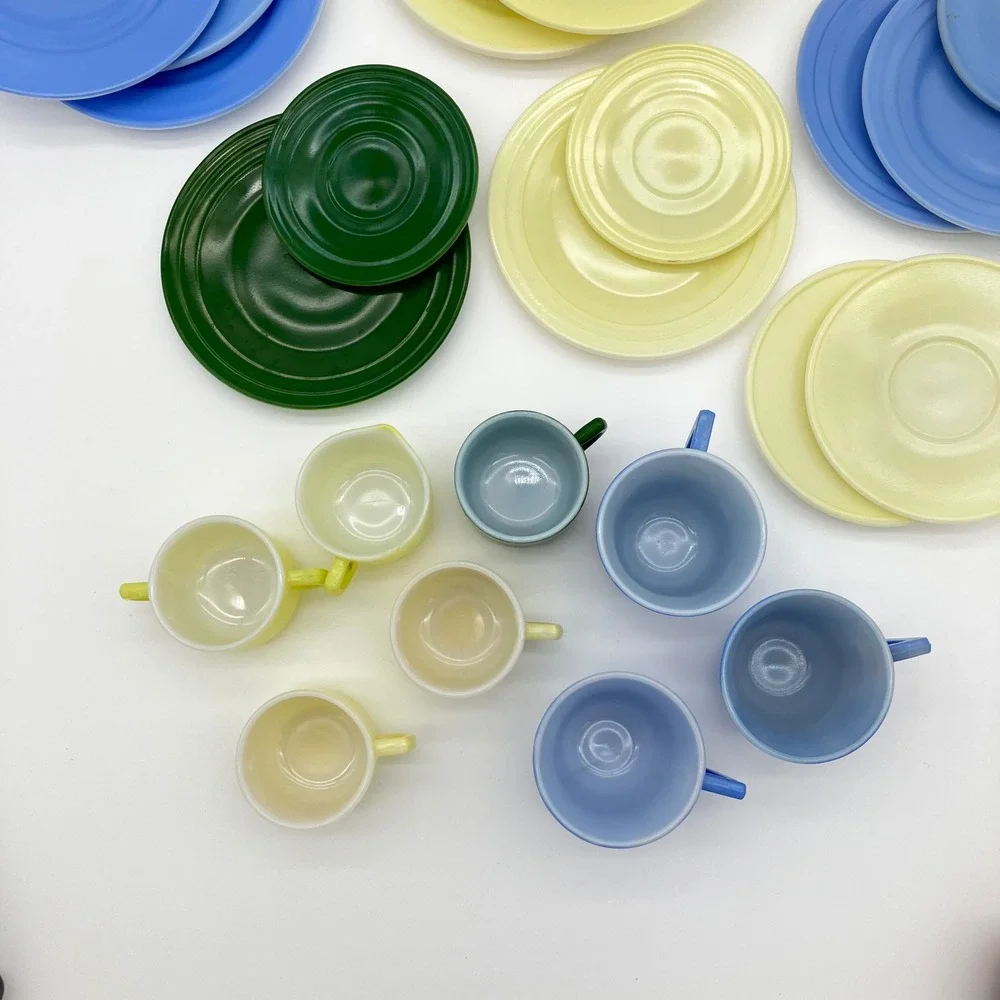 Akro Agate Vintage 1930-1940's Mini Toy Tea Set 24pc Pastel Slag Glass Dish Lot